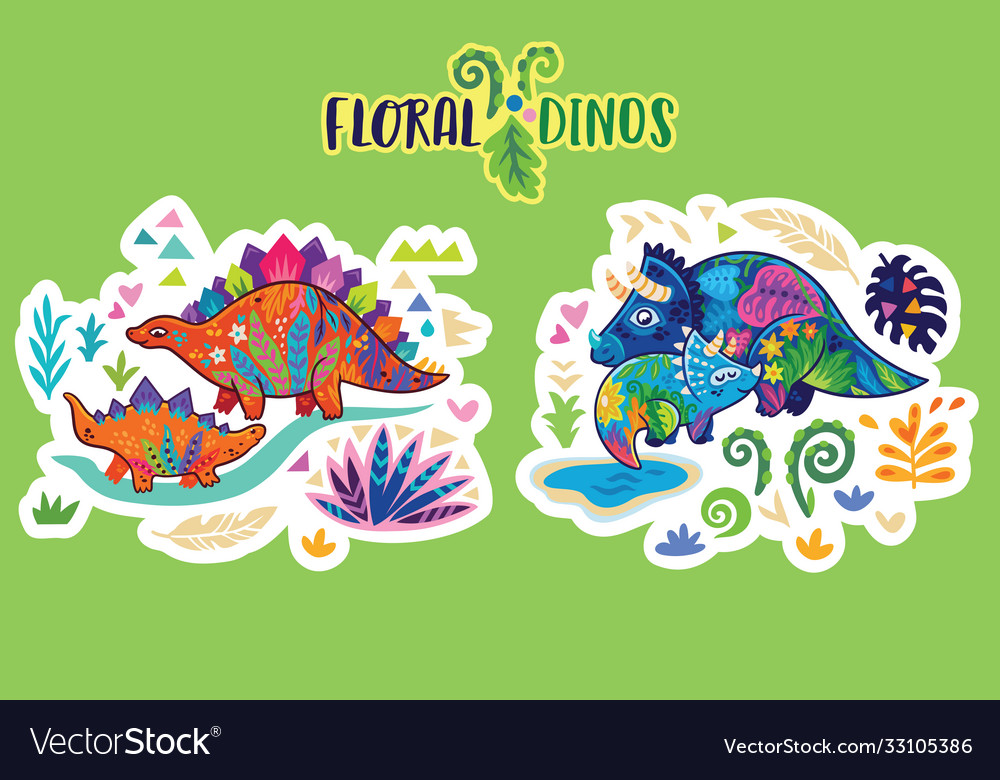 Floral dinosaurs bright sticker set vector image Floral dinosaurs bright sticker set