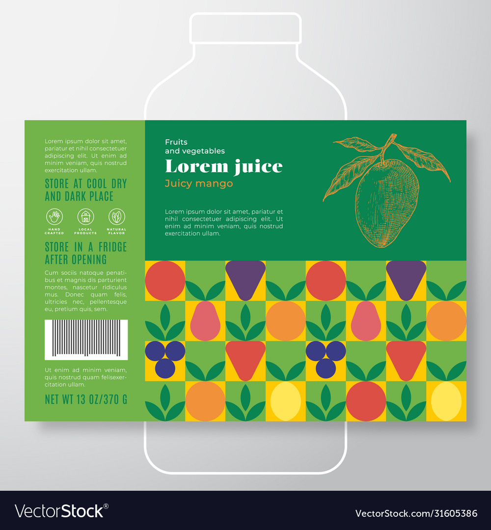 Fruit and vegetables pattern juice label template Vector Image