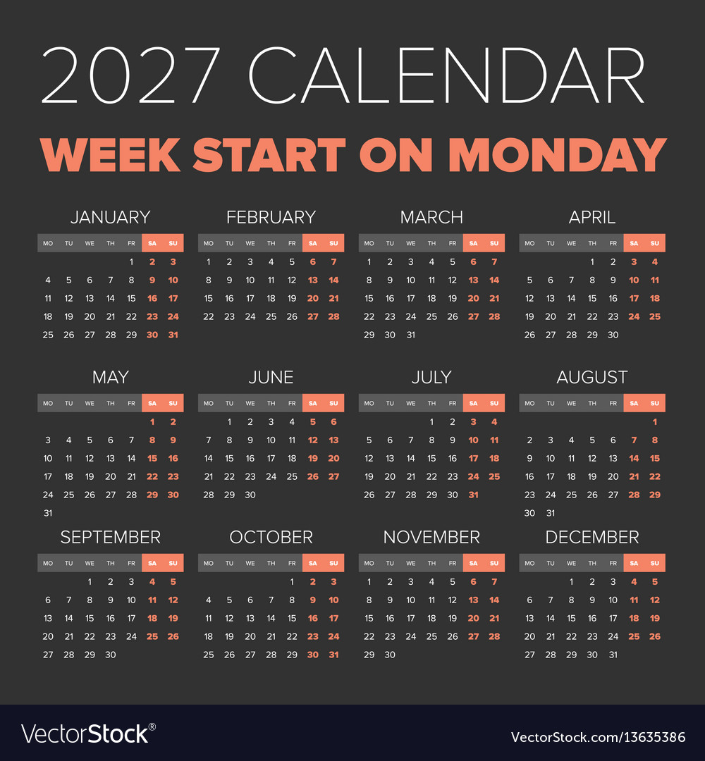 Simple 2027 year calendar Royalty Free Vector Image