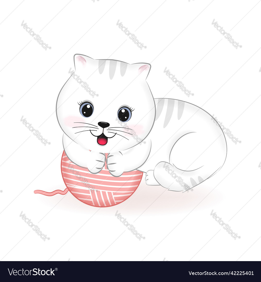 Cute white cat playing with a pink ball of yarn