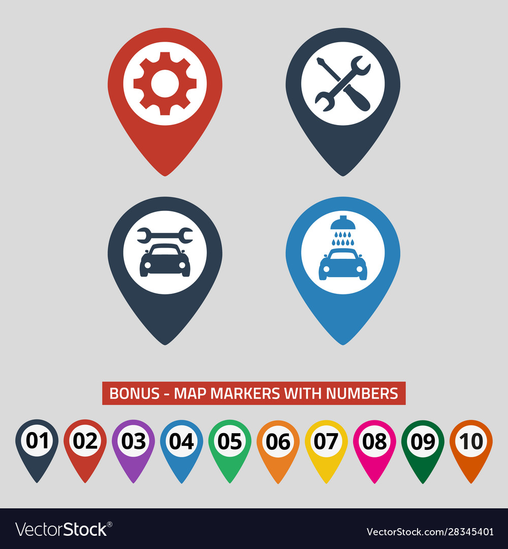 Map pointers with car service icons on grey