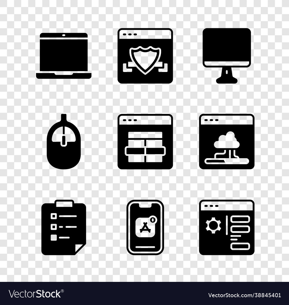 Set laptop browser with shield computer monitor vector image Set laptop browser with shield computer monitor