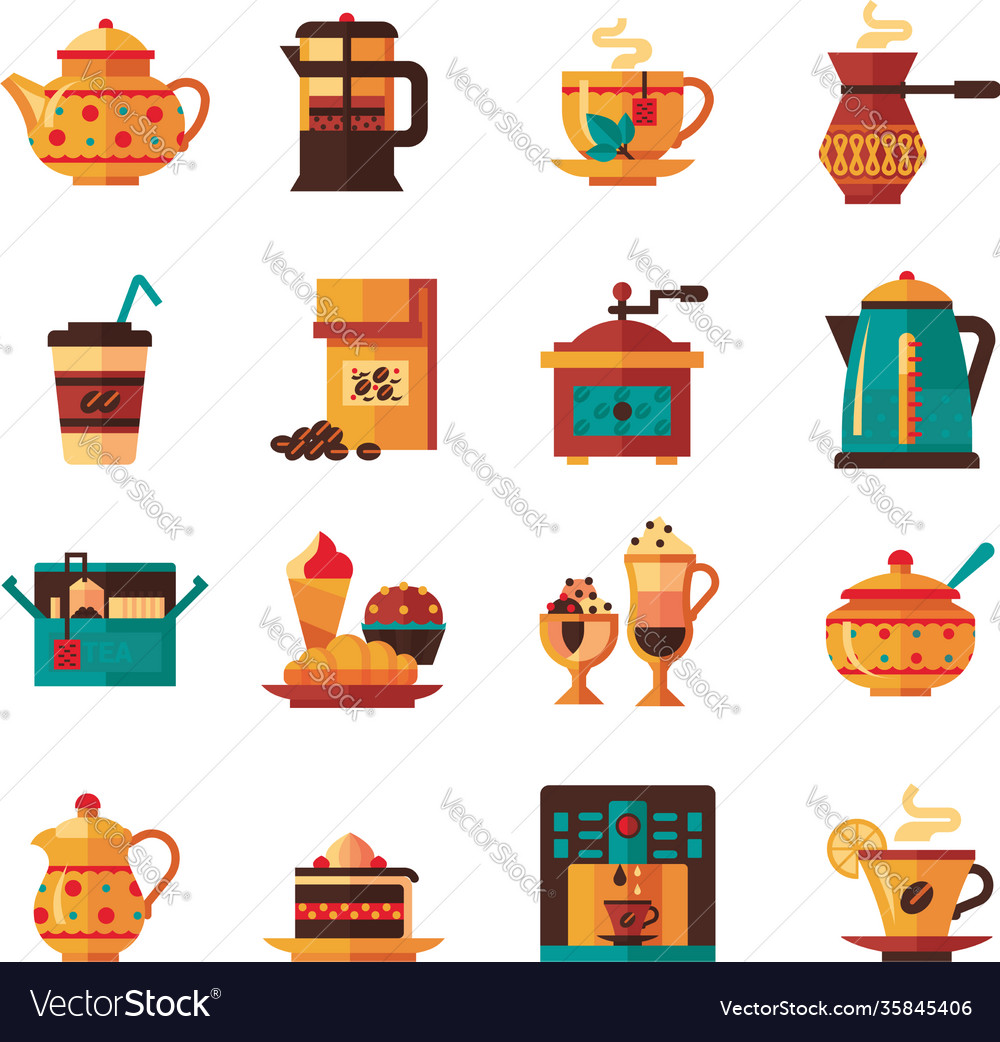 Coffee and tea set icons flat Royalty Free Vector Image