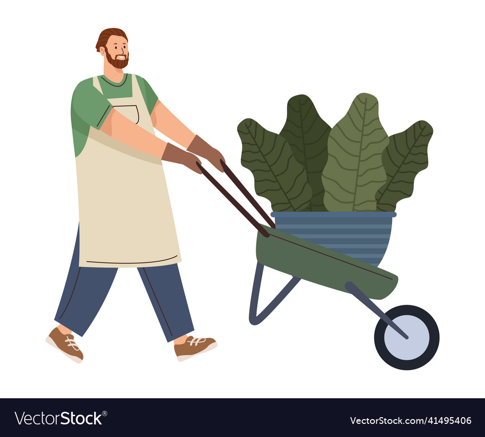 Gardener man with wheelbarrow Royalty Free Vector Image