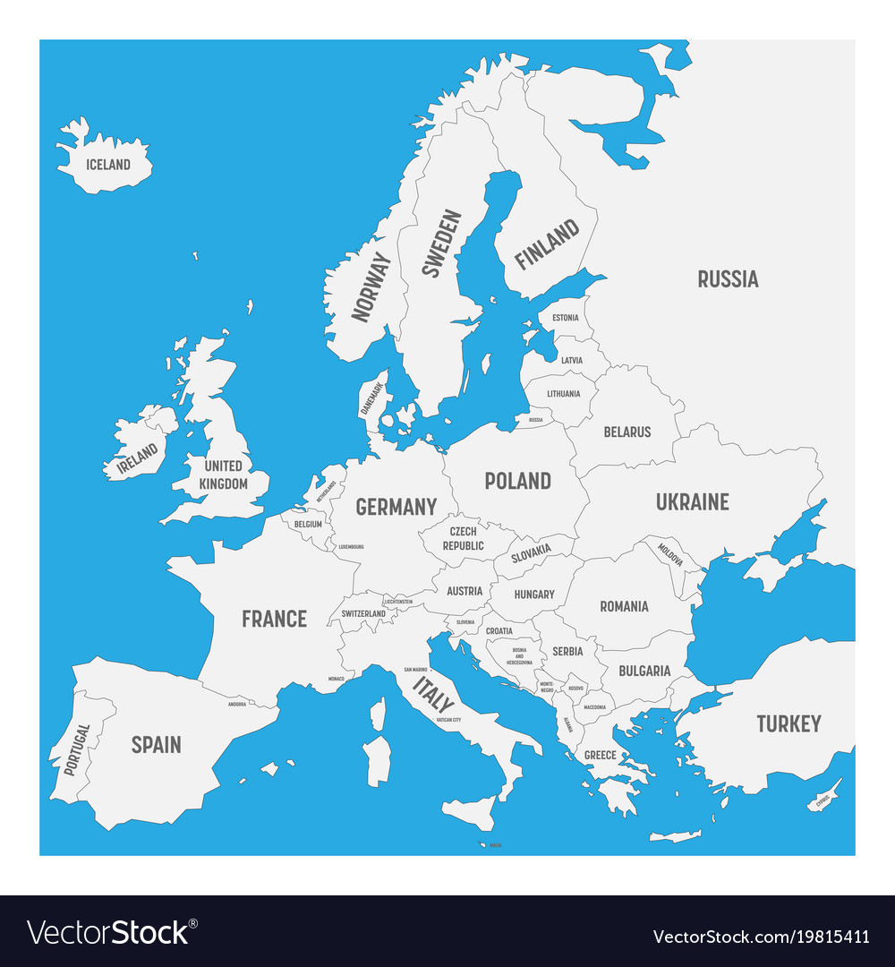 Europe Map With All Countries Names Map Of Europe With Names Of Sovereign Countries Vector Image