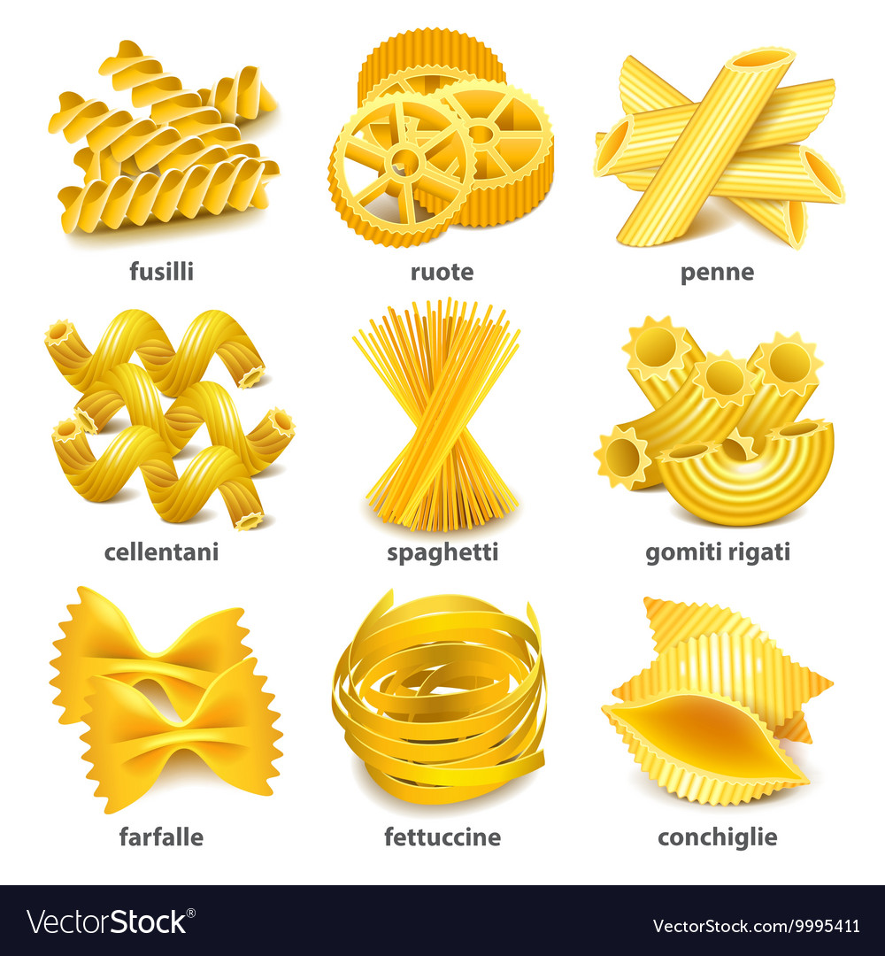 Pasta types icons set Royalty Free Vector Image