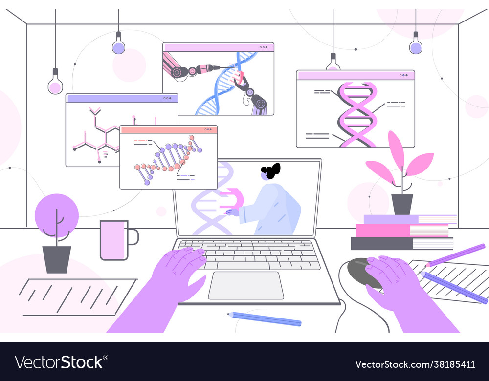 Scientist analyzing dna structure in web browser vector image Scientist analyzing dna structure in web browser