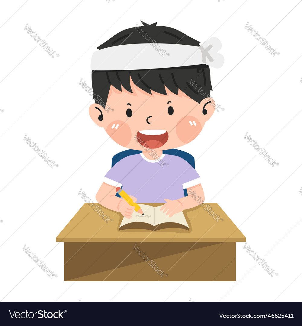 Student the boy writing on his desk