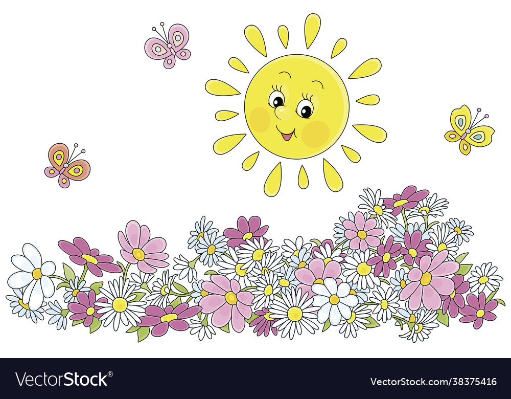 Happily smiling sun and garden flowers Royalty Free Vector