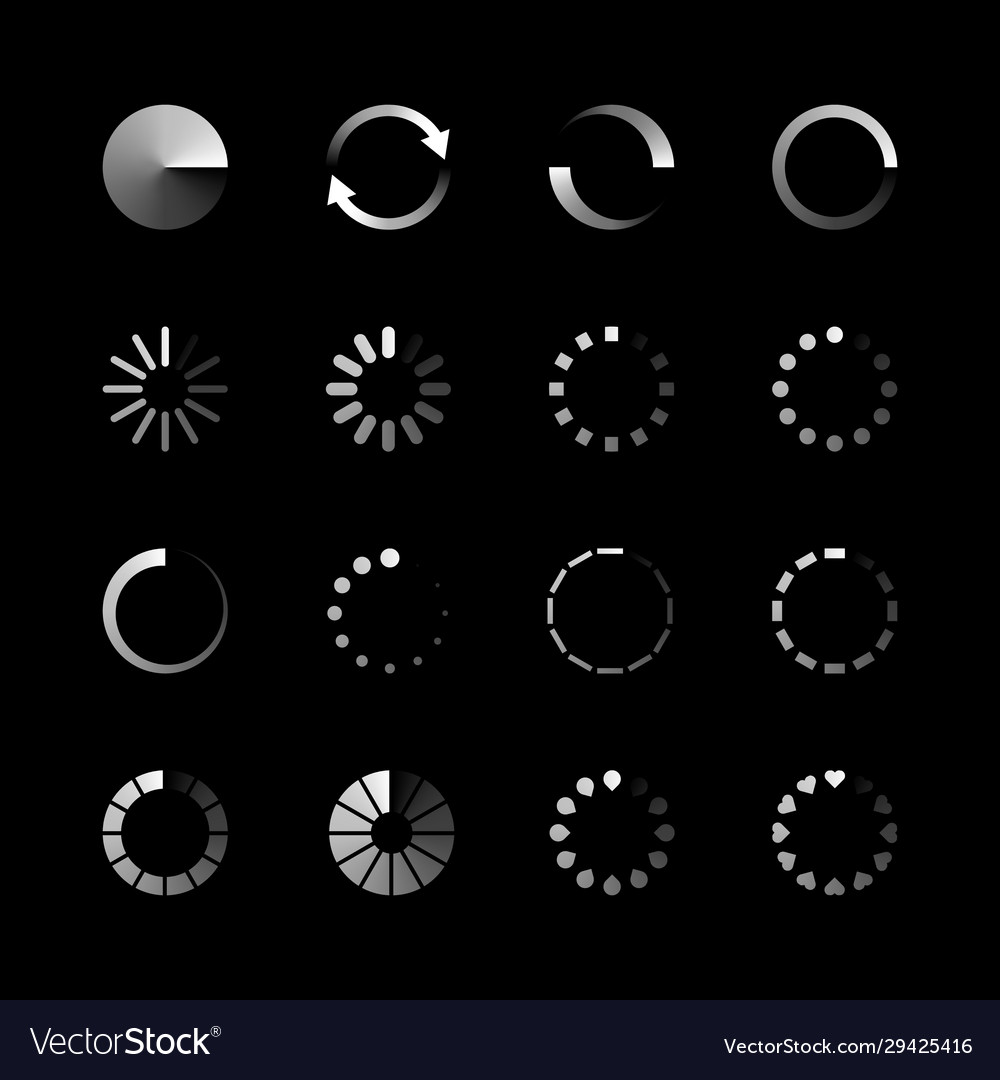 Isolated loading icon set on black background vector image Isolated loading icon set on black background