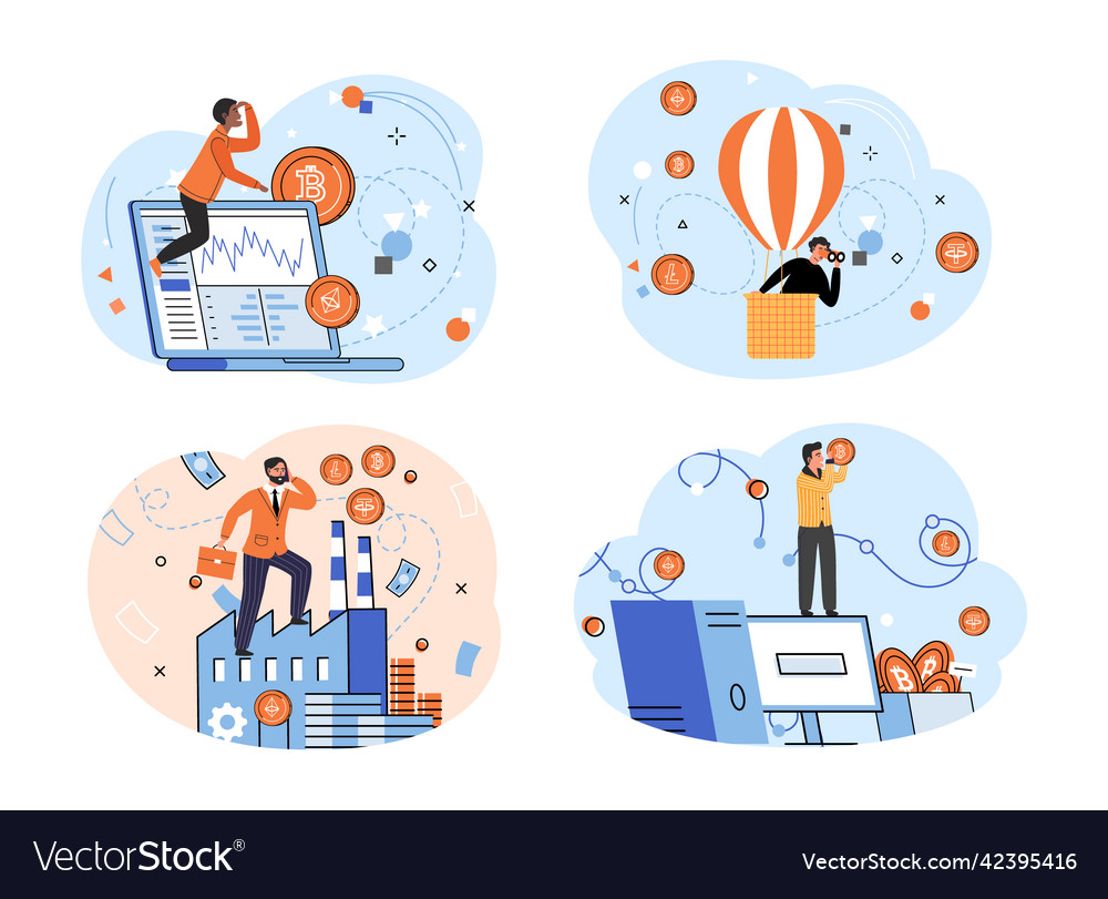 Man crypto trader works with marketplace vector image Man crypto trader works with marketplace