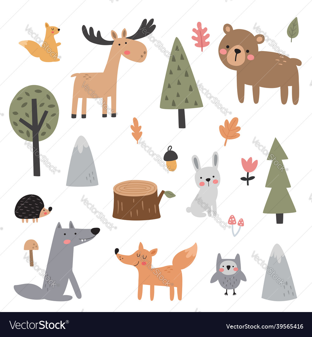 Set of cute woodland animals for kids Royalty Free Vector