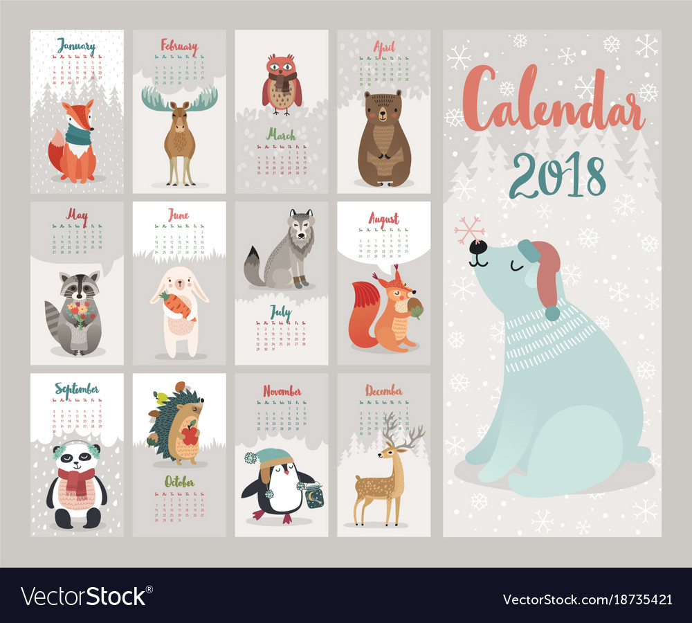 Calendar 2018 cute monthly with forest Royalty Free Vector