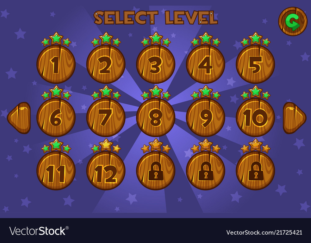 Cartoon wooden level selection screen game ui set Vector Image