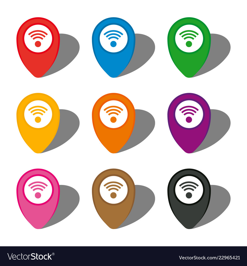 Set of nine colorful map pointers with wi-fi sign vector image Set of nine colorful map pointers with wi-fi sign