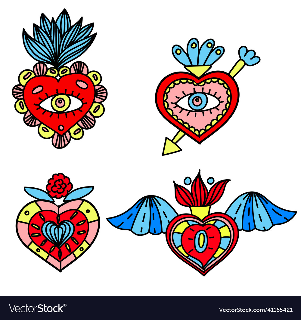 Set of sacred mexican hearts doodle style Vector Image