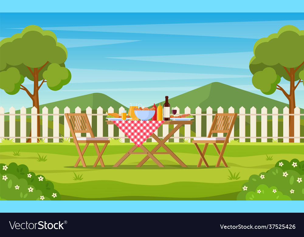 Barbecue party in backyard with fence vector image Barbecue party in backyard with fence