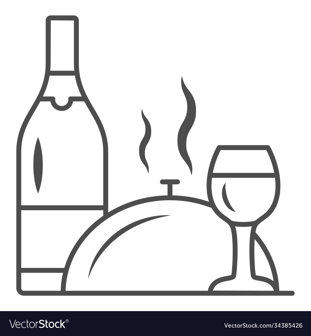 Bottle wine glass and food on tray thin line icon vector image Bottle wine glass and food on tray thin line icon