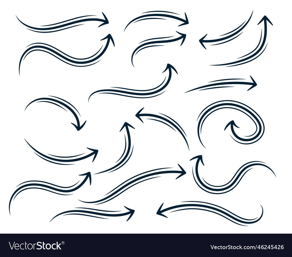 Hand drawn abstract curvy arrow set