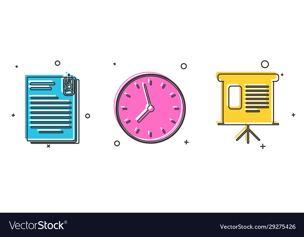 Set file document and paper clip clock vector image Set file document and paper clip clock