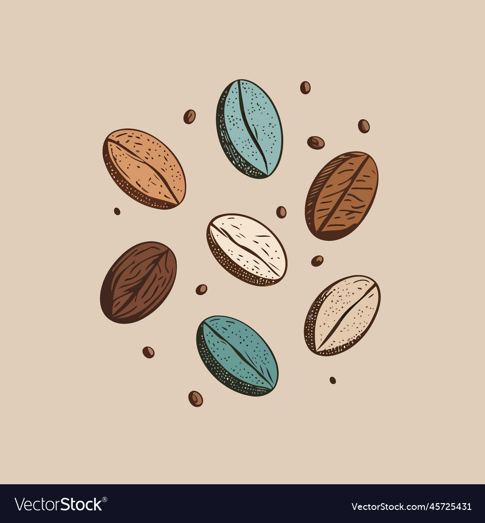 Coffee beans of different colors on a smooth