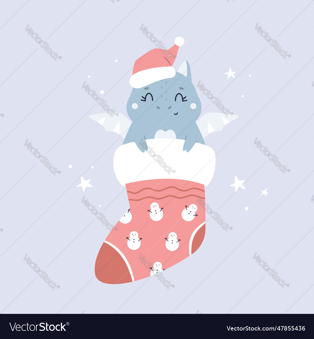 Christmas holiday with adorable dragon in a hat