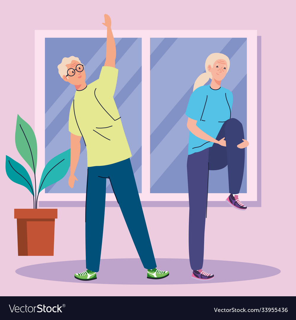 Senior couple practicing exercise in house Vector Image