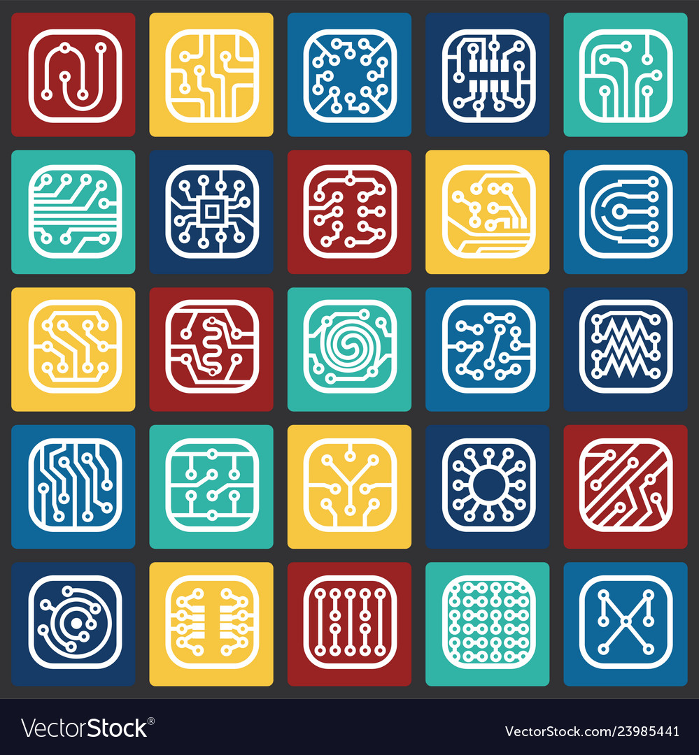 Electronic circuit icons set on color squares vector image Electronic circuit icons set on color squares