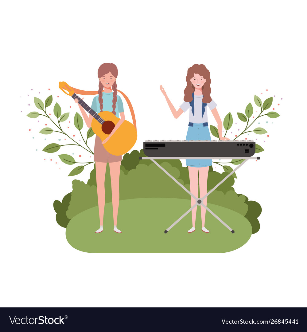 Women with musical instruments and background