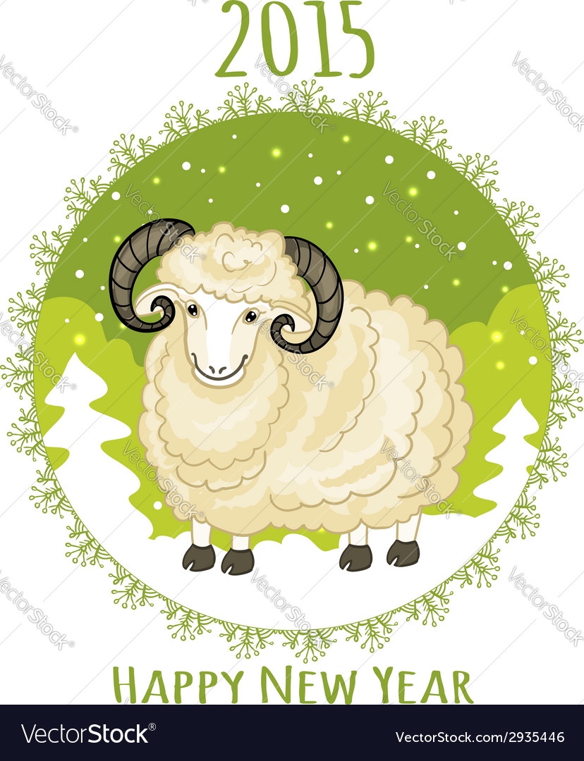 Card with green snowflake and little cute ram