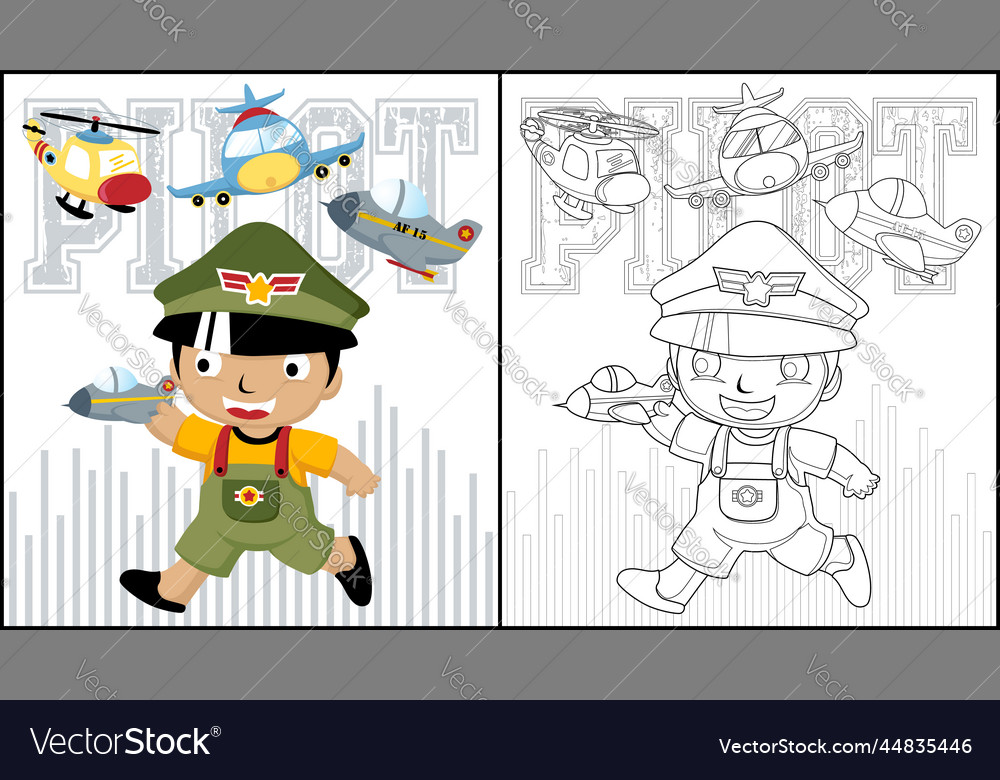 Coloring book of little boy cartoon in pilot cap vector image Coloring book of little boy cartoon in pilot cap