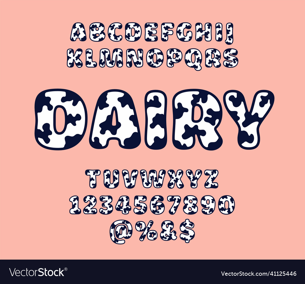 Cow milk alphabet dairy font Royalty Free Vector Image