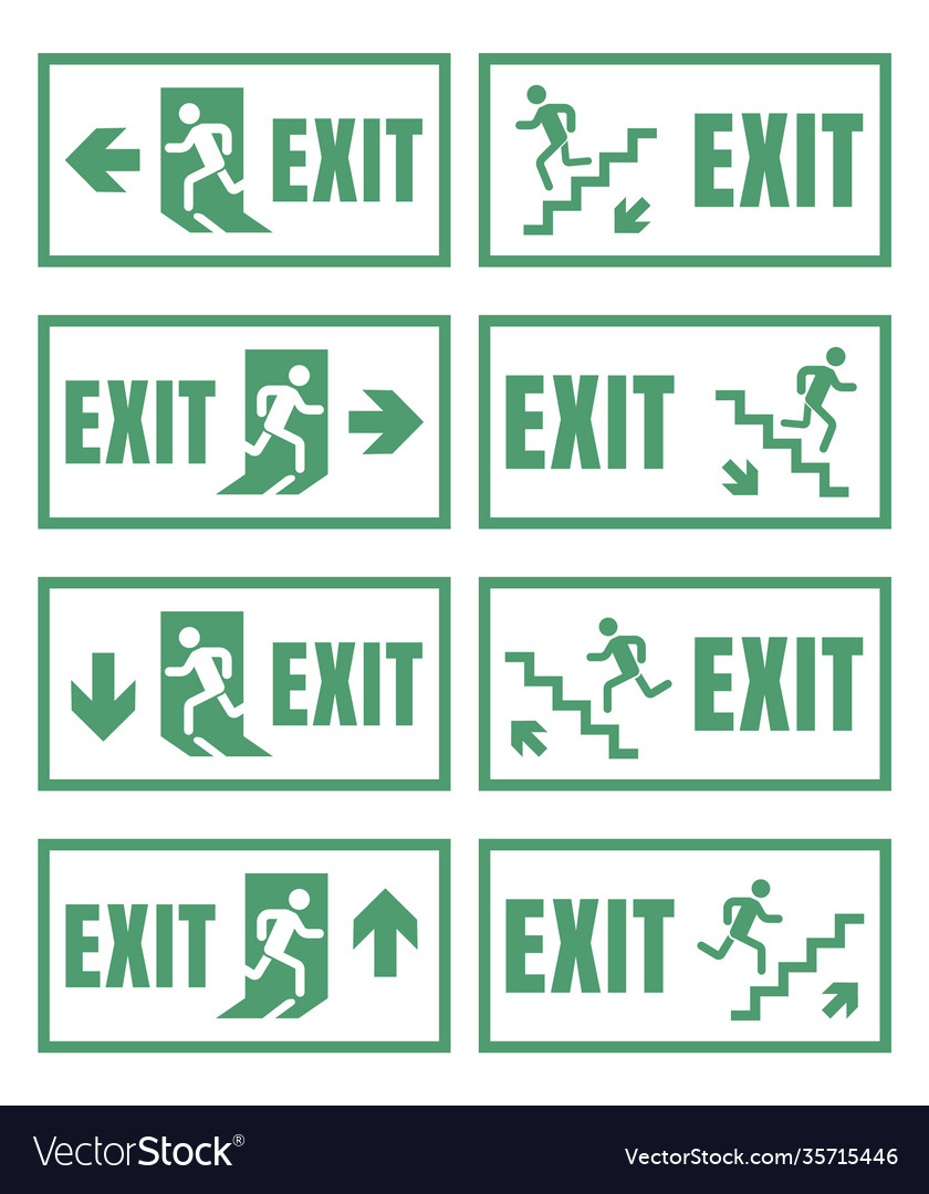 Exit door sign set emergency fire label Royalty Free Vector