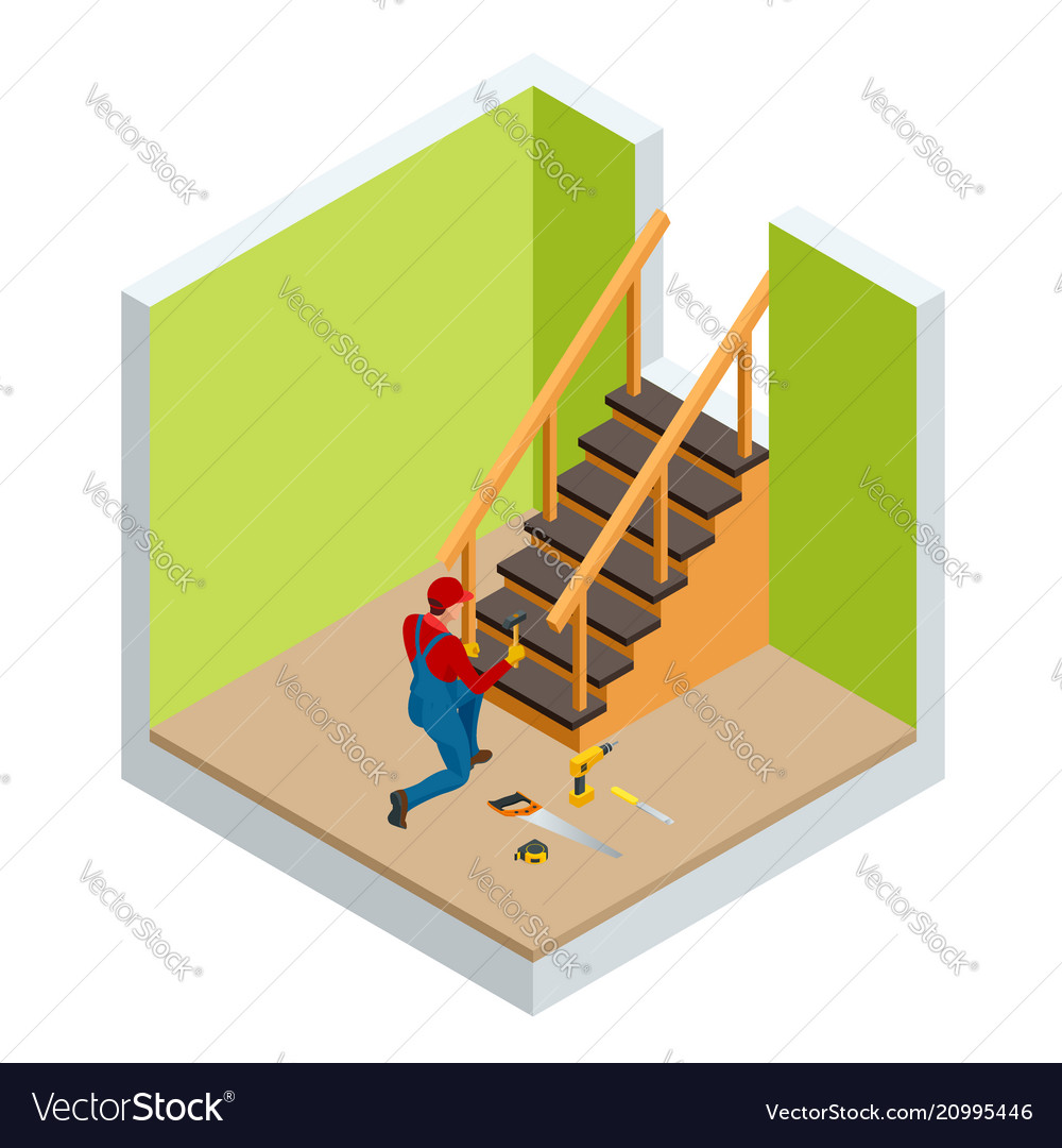 Isometric carpenter building wooden staircase