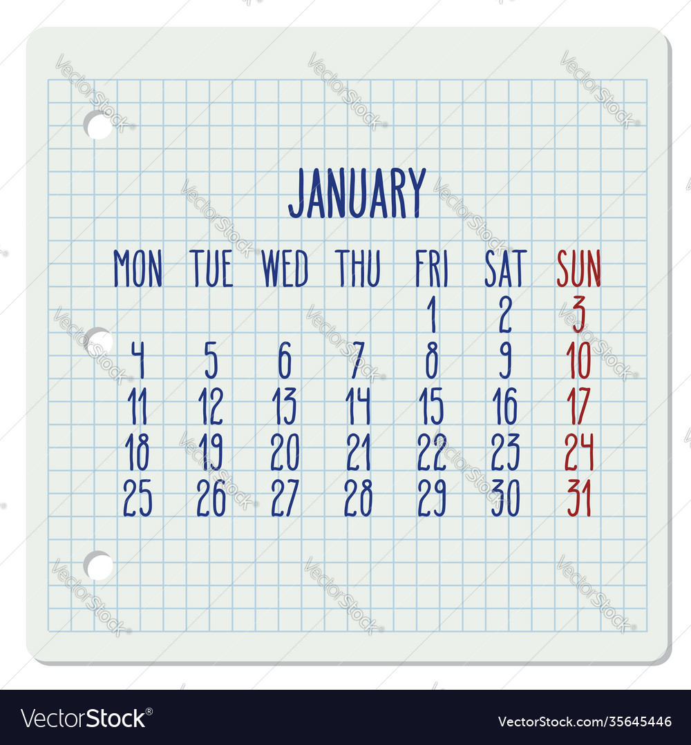 January year 2021 monthly calendar Royalty Free Vector Image