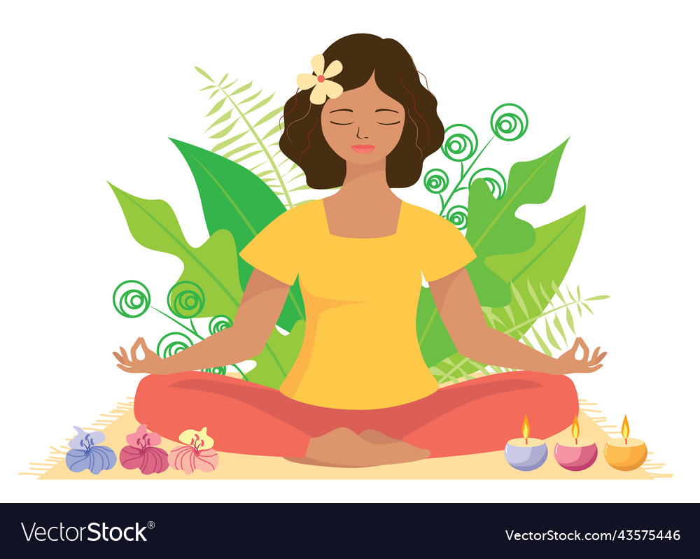 Woman Meditating In Nature And Leaves Concept Vector Image