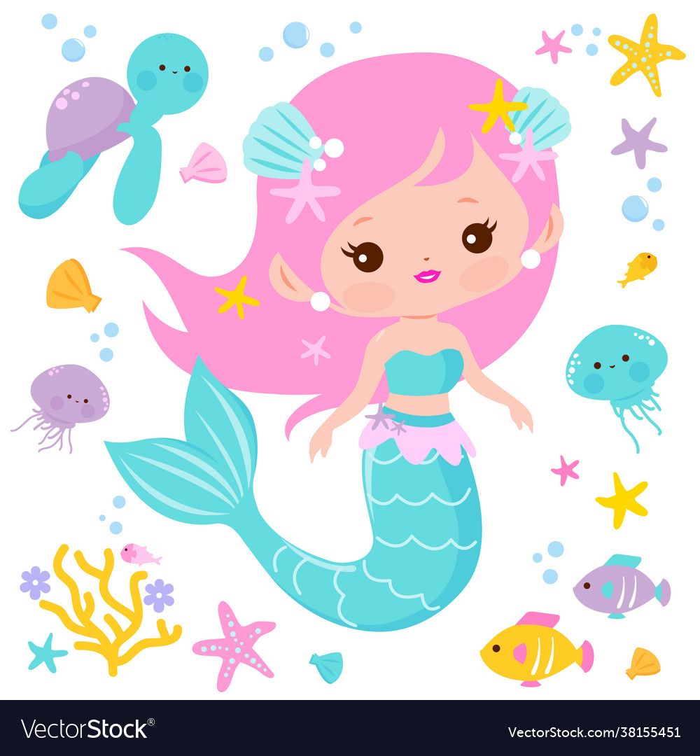 Beautiful mermaid and sea animals Royalty Free Vector Image