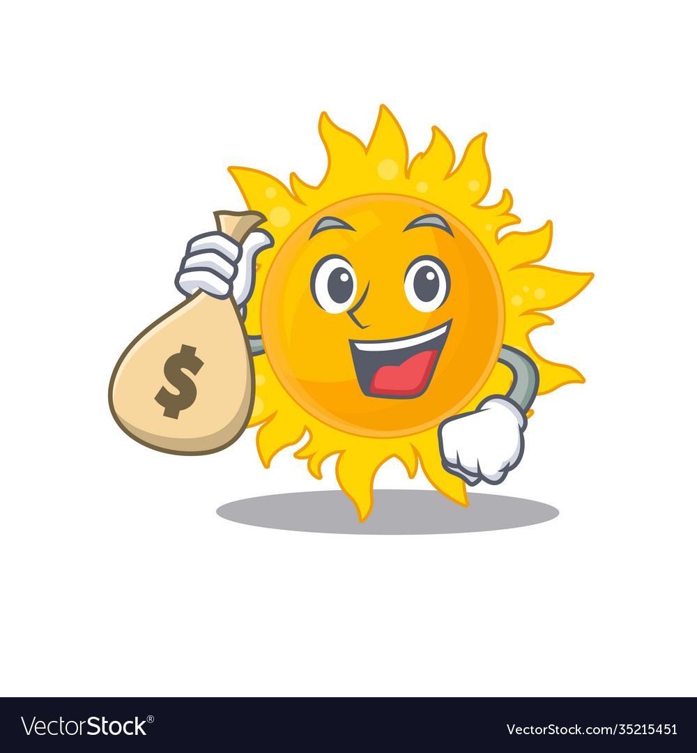 Rich summer sun cartoon design holds money bags