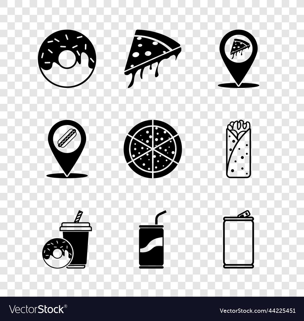 Set donut slice of pizza location vector image Set donut slice of pizza location