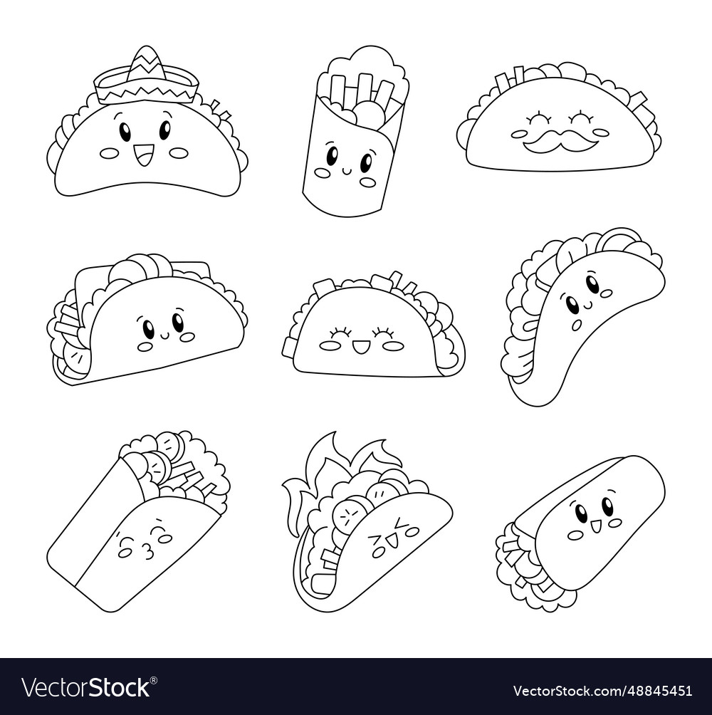 Taco and burrito characters coloring page cute