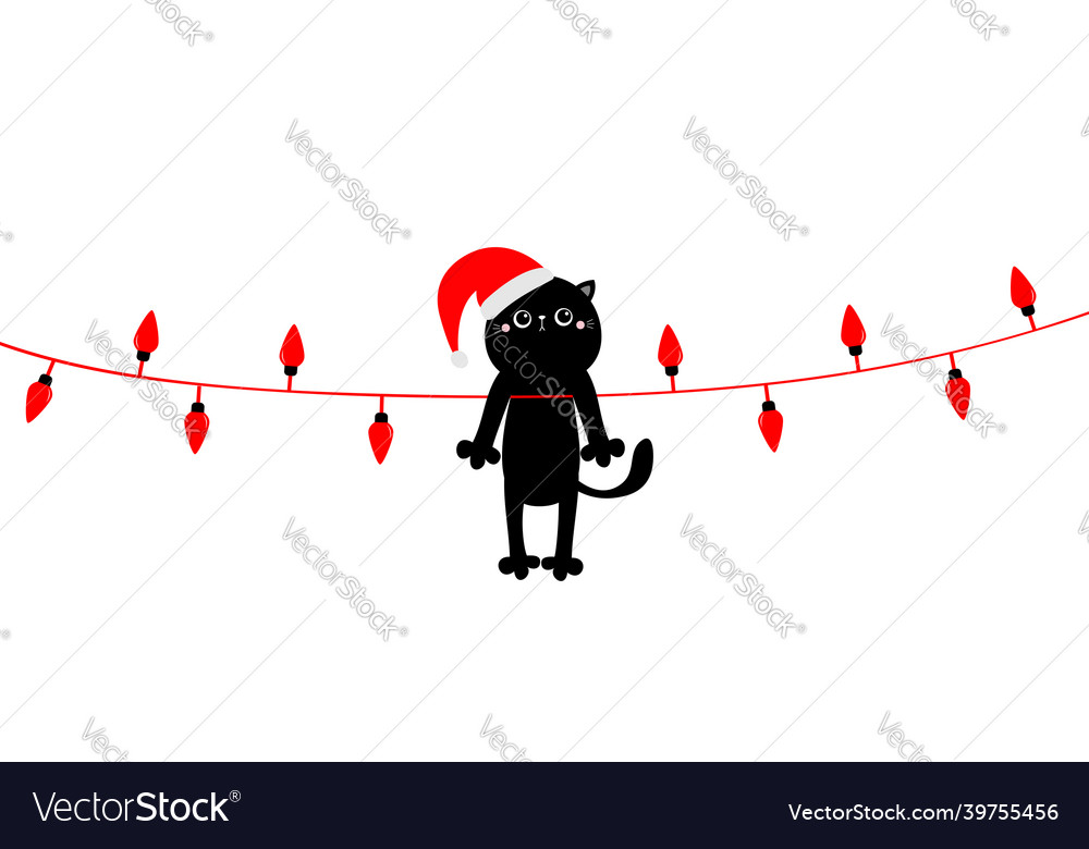 Cute cat in red santa hat hanging on christmas vector image Cute cat in red santa hat hanging on christmas