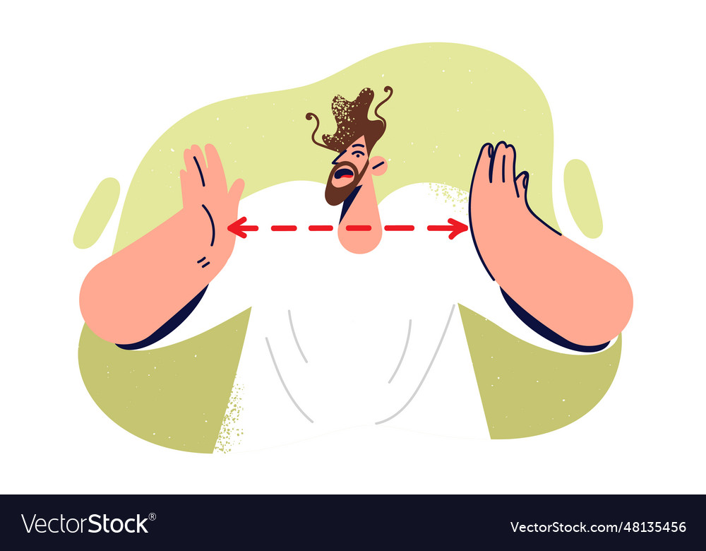 Frightened man throws up hands showing size Vector Image