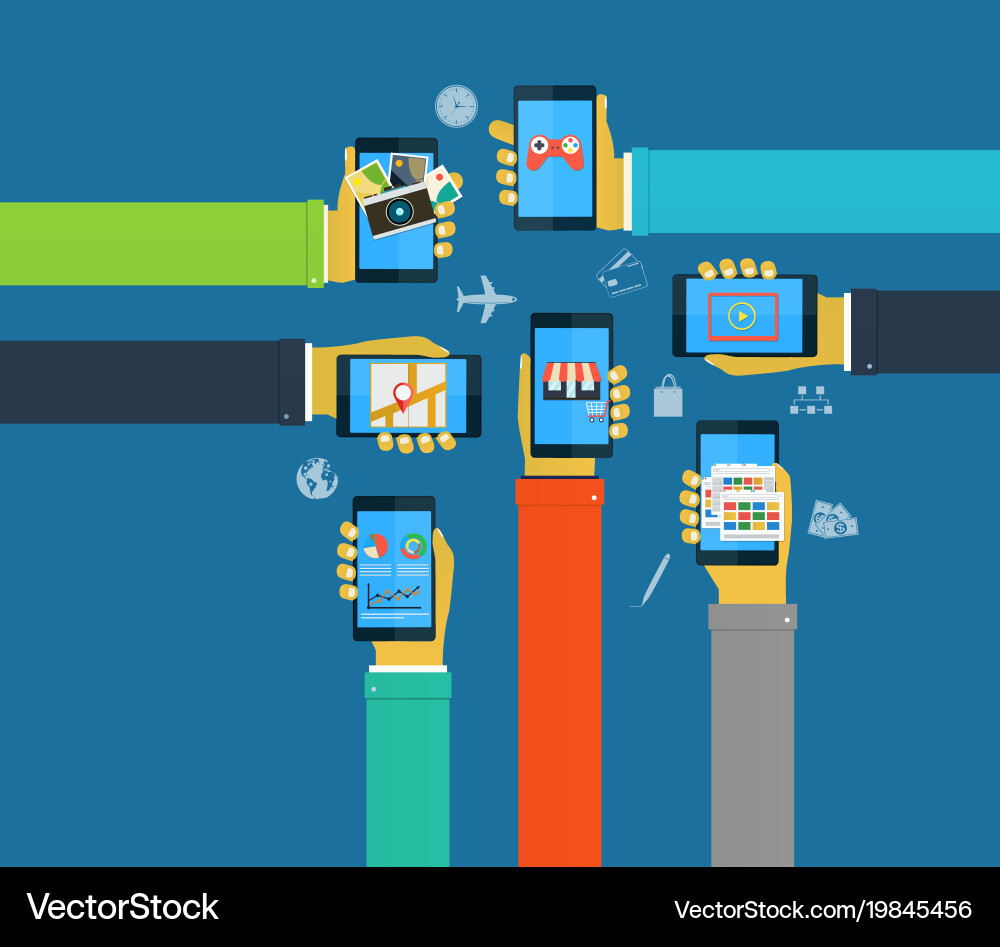 Interaction hands using mobile apps Royalty Free Vector