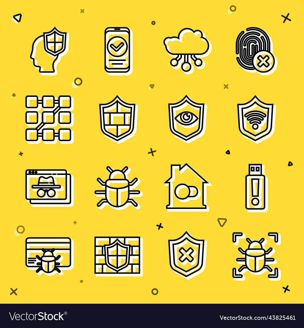 Set line system bug usb flash drive shield vector image Set line system bug usb flash drive shield