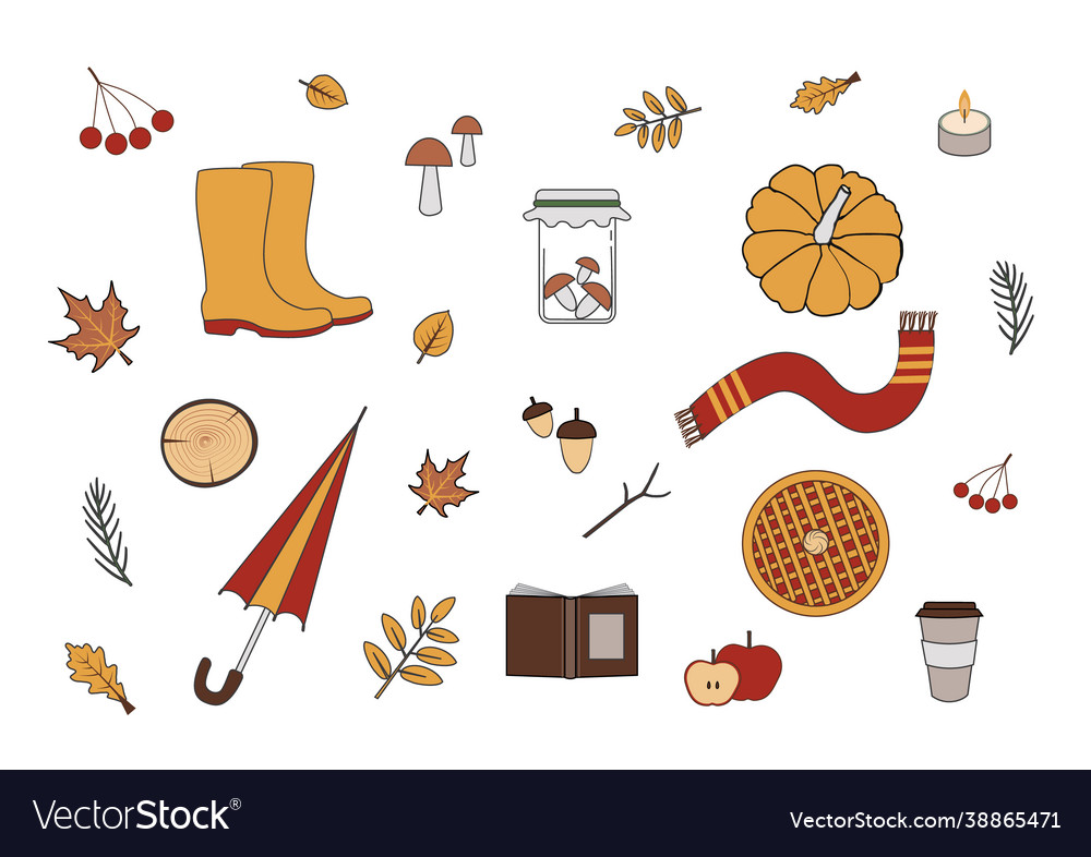 Autumn icon and flat objects set vector image Autumn icon and flat objects set