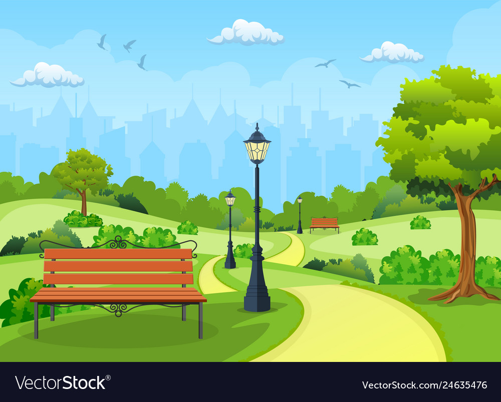 Bench with tree and lantern in the park Royalty Free Vector