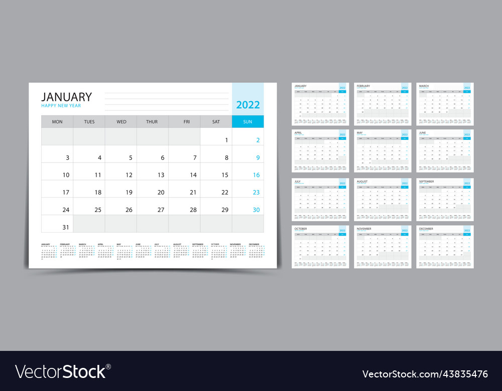 Desk calendar 2022 set monthly template Royalty Free Vector