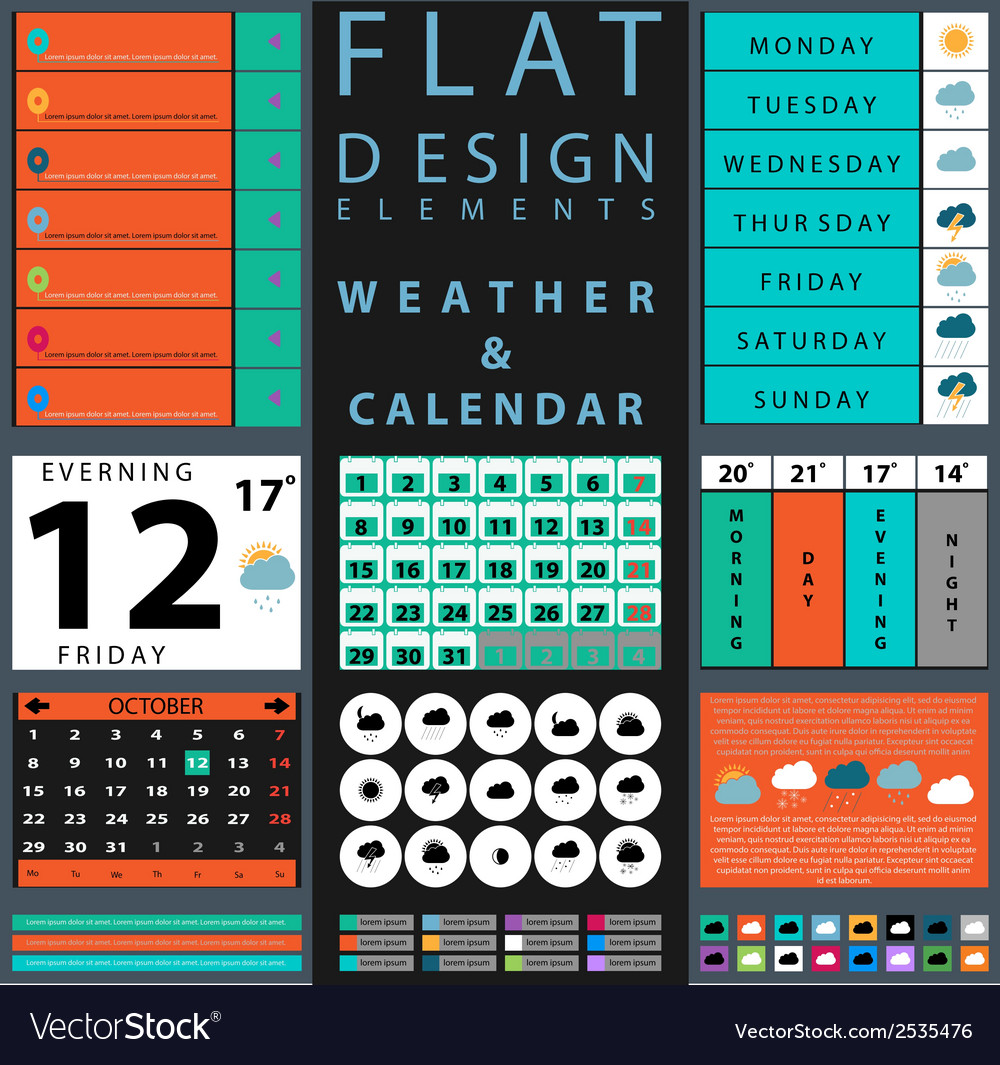 Flat Calendar & Weather UI Elements