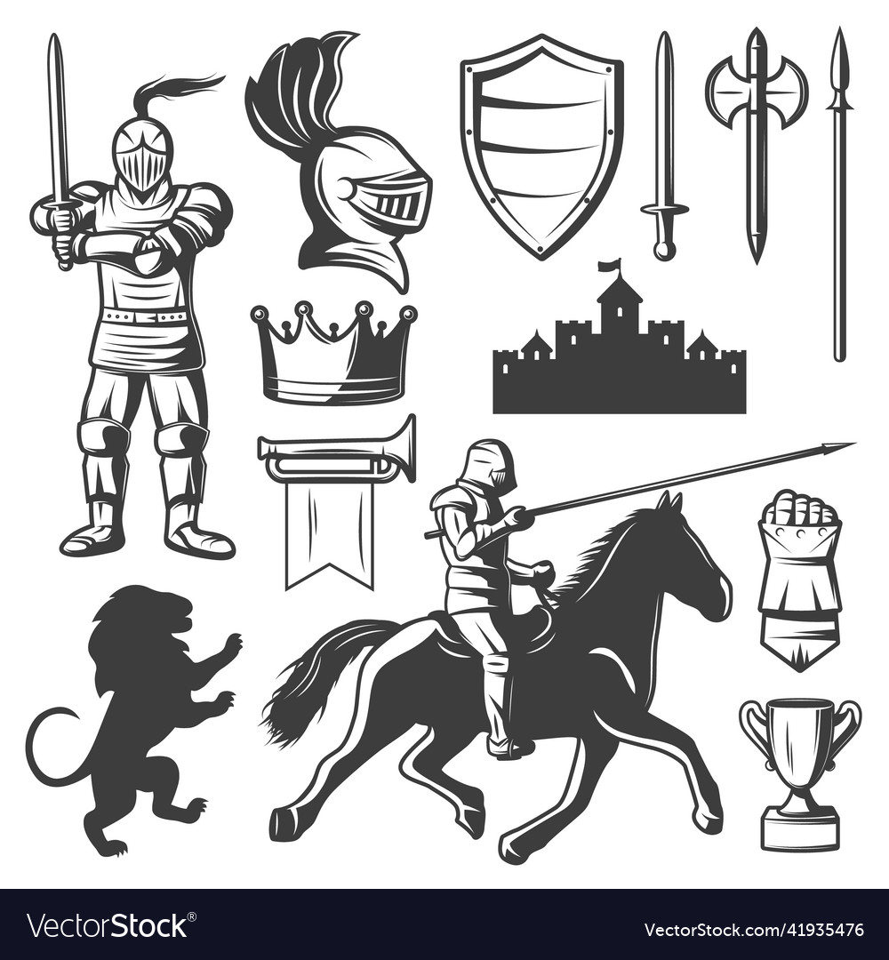 Knights monochrome elements set Royalty Free Vector Image