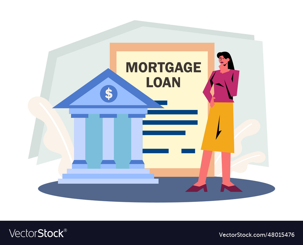 Lady standing near bank and thinks about mortgage